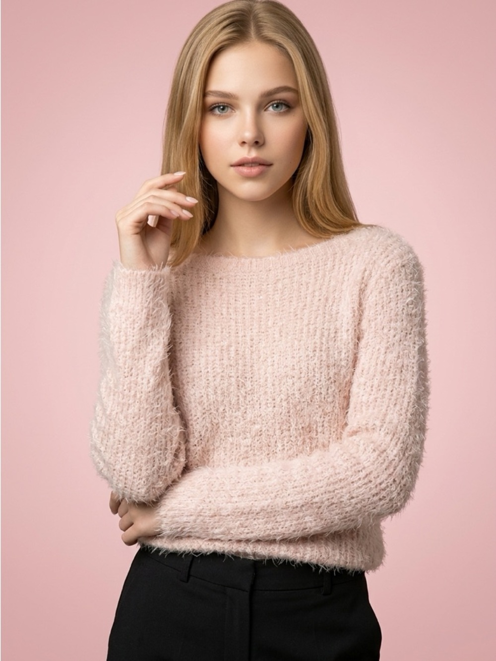 Bella by Cassie Barbiecore Blush Pink Fuzzy Whimsy Girlcore Cozy Sweater-S